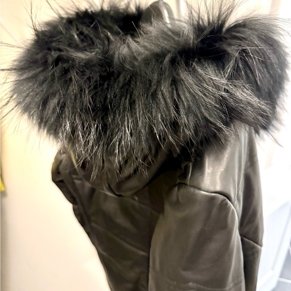 Danier leather mid length jacket with fur trim hood - Picture 2 of 3